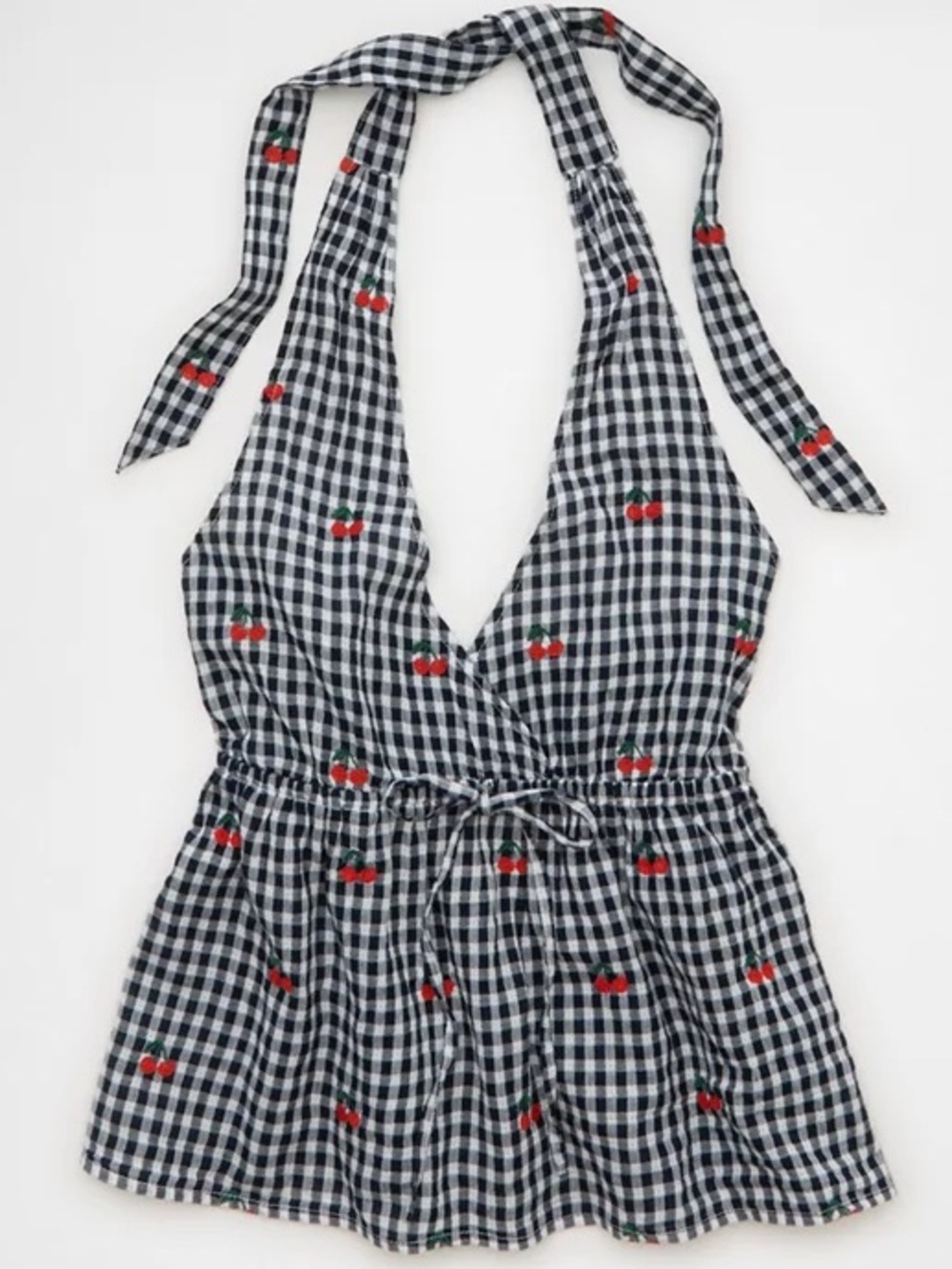 American Eagle Cherry Gingham Halter Peplum Top XS Embroidered Babydoll Y2K